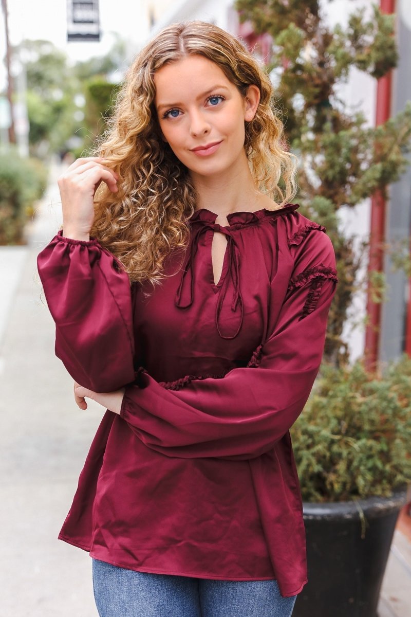 Holiday Vibes Burgundy Frill Detail Tie Neck Satin Top - Coeur de la Mode