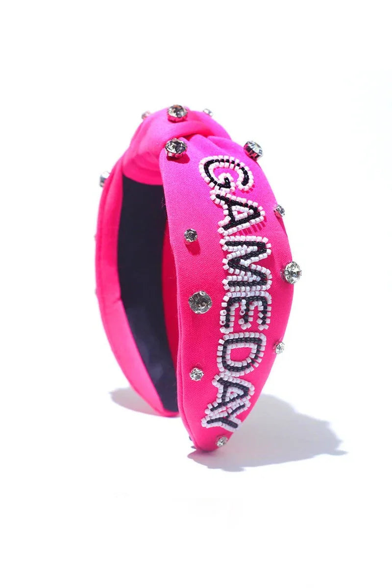 Hot Pink Jeweled & Beaded Gameday Top Knot Headband - Coeur de la Mode