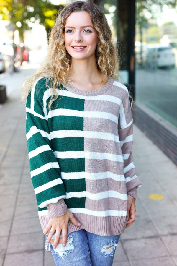 Hunter Green & Taupe Striped Color Block Sweater - Coeur de la Mode