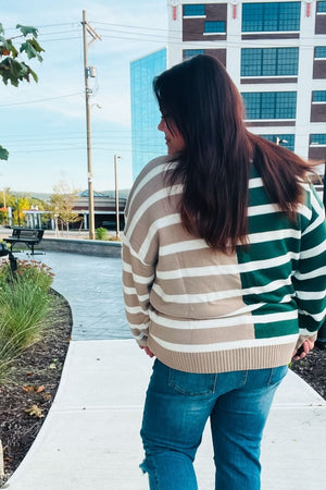 Hunter Green & Taupe Striped Color Block Sweater - Coeur de la Mode