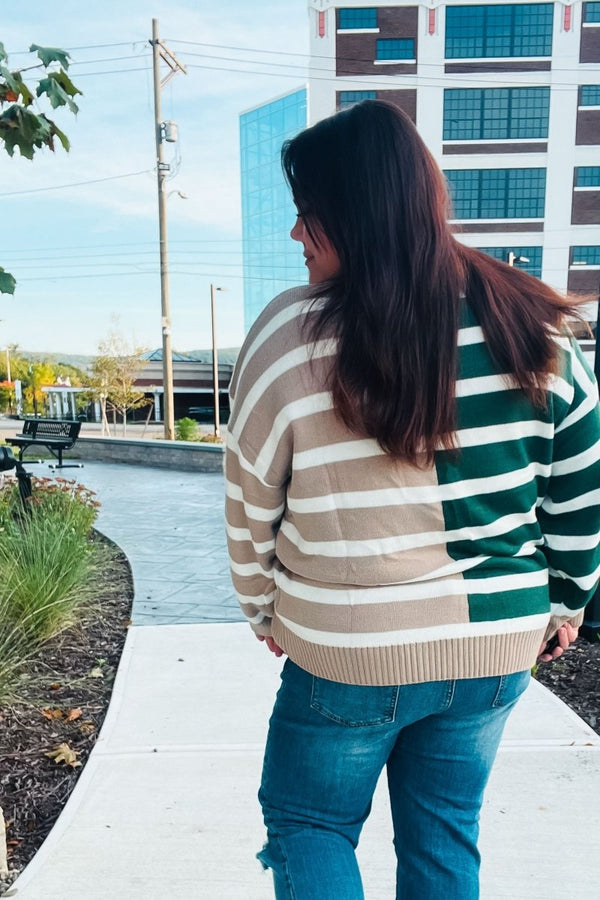 Hunter Green & Taupe Striped Color Block Sweater - Coeur de la Mode