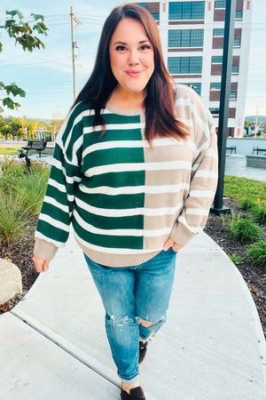 Hunter Green & Taupe Striped Color Block Sweater - Coeur de la Mode