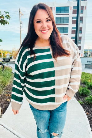 Hunter Green & Taupe Striped Color Block Sweater - Coeur de la Mode