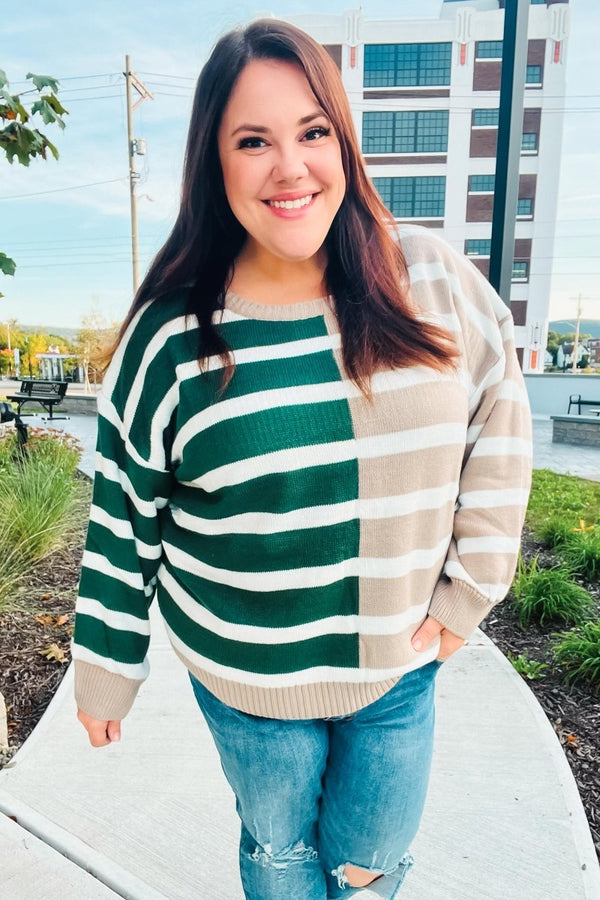 Hunter Green & Taupe Striped Color Block Sweater - Coeur de la Mode