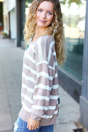 Hunter Green & Taupe Striped Color Block Sweater - Coeur de la Mode