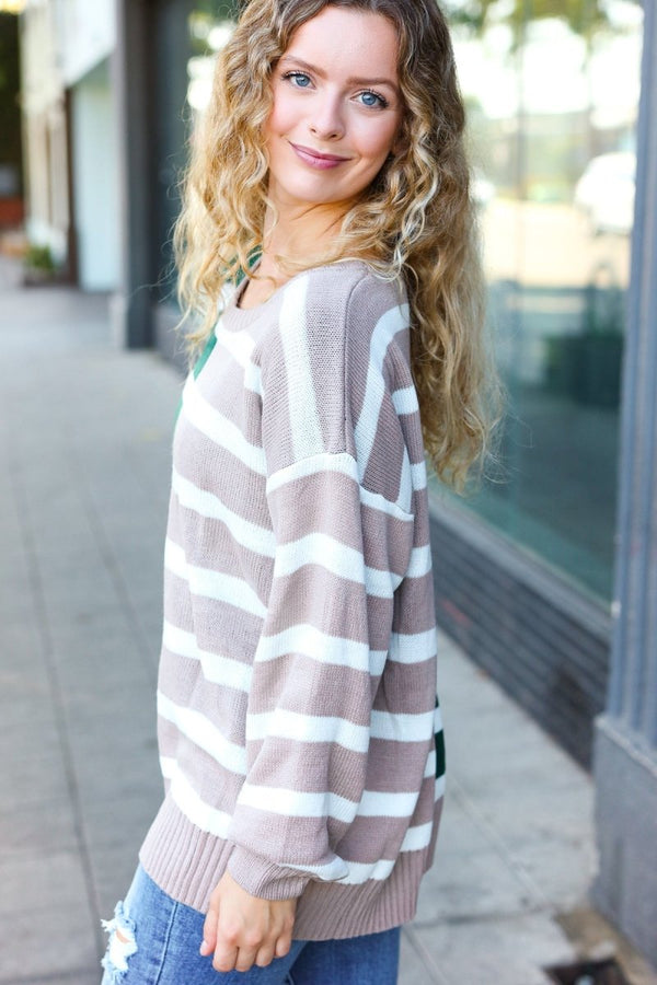 Hunter Green & Taupe Striped Color Block Sweater - Coeur de la Mode