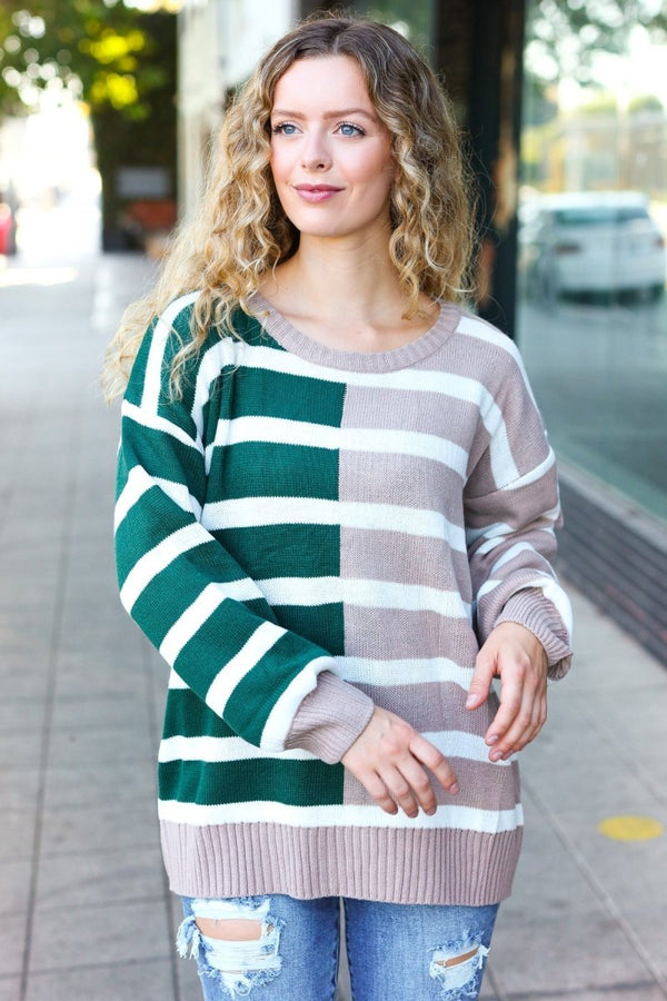 Hunter Green & Taupe Striped Color Block Sweater - Coeur de la Mode