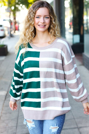 Hunter Green & Taupe Striped Color Block Sweater - Coeur de la Mode