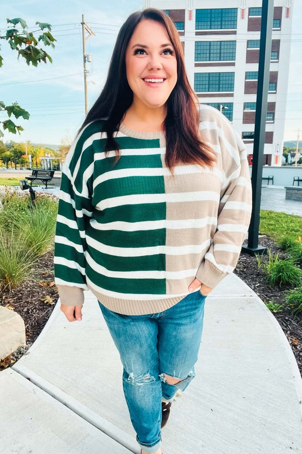 Hunter Green & Taupe Striped Color Block Sweater - Coeur de la Mode