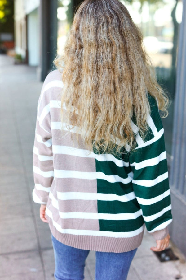 Hunter Green & Taupe Striped Color Block Sweater - Coeur de la Mode