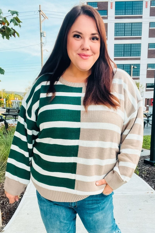 Hunter Green & Taupe Striped Color Block Sweater - Coeur de la Mode