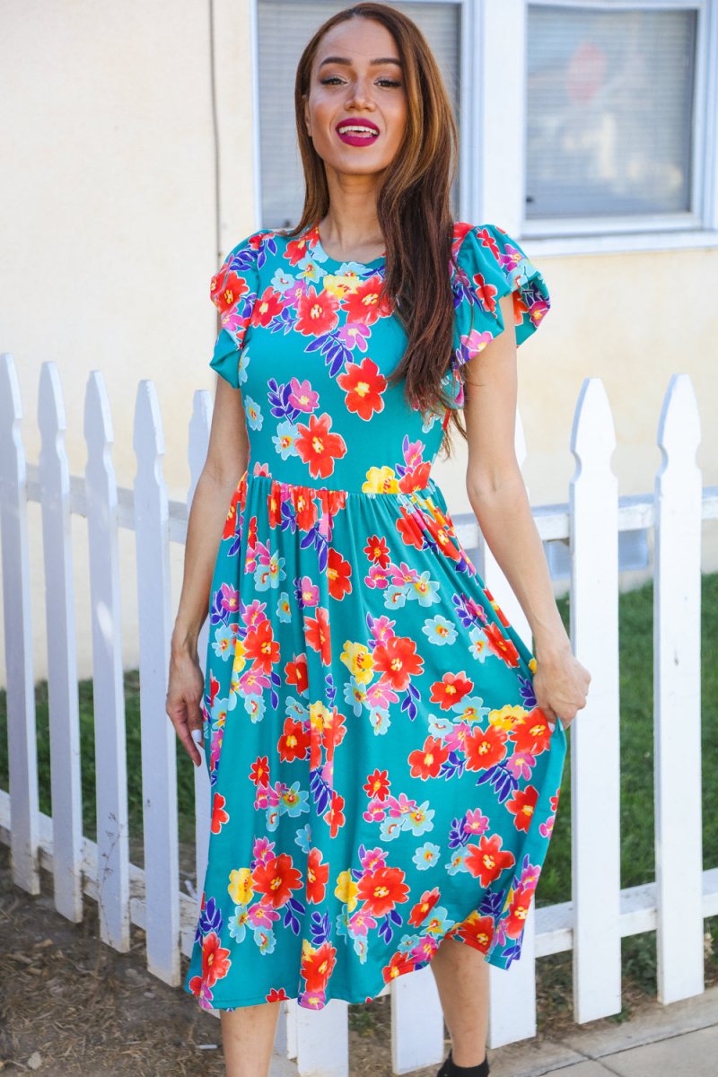 In Your Dreams Emerald Floral Print Folded Flutter Sleeve Midi Dress - Coeur de la Mode