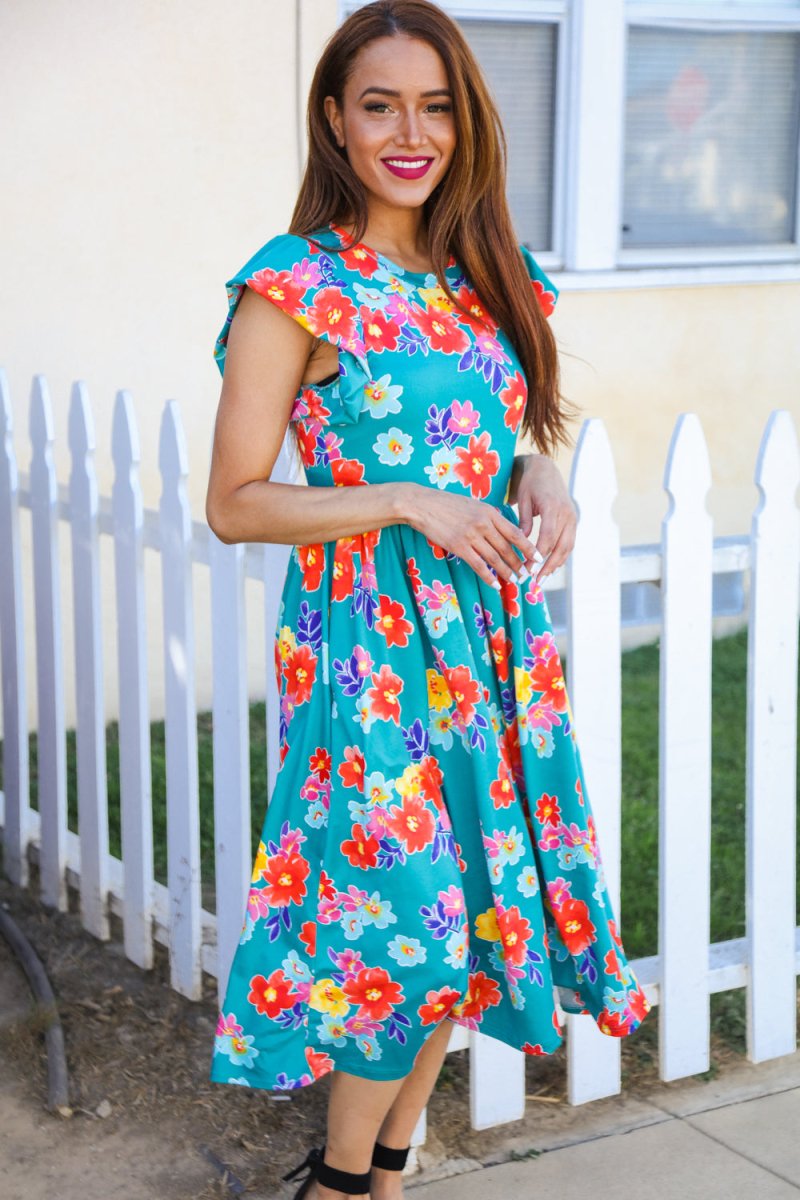 In Your Dreams Emerald Floral Print Folded Flutter Sleeve Midi Dress - Coeur de la Mode