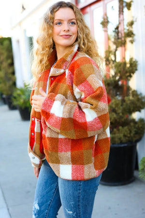 It's Your Best Rust & Camel Plaid Sherpa Button Down Jacket - Coeur de la Mode