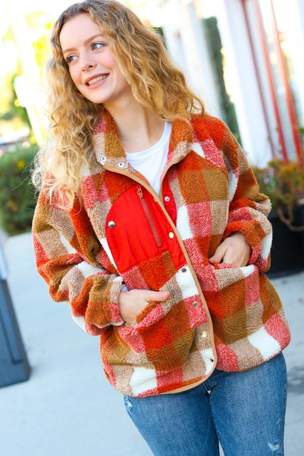 It's Your Best Rust & Camel Plaid Sherpa Button Down Jacket - Coeur de la Mode