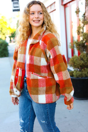 It's Your Best Rust & Camel Plaid Sherpa Button Down Jacket - Coeur de la Mode