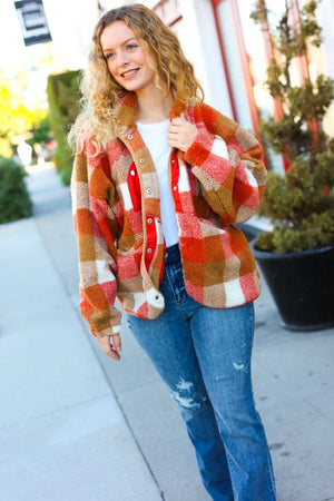 It's Your Best Rust & Camel Plaid Sherpa Button Down Jacket - Coeur de la Mode