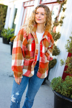 It's Your Best Rust & Camel Plaid Sherpa Button Down Jacket - Coeur de la Mode