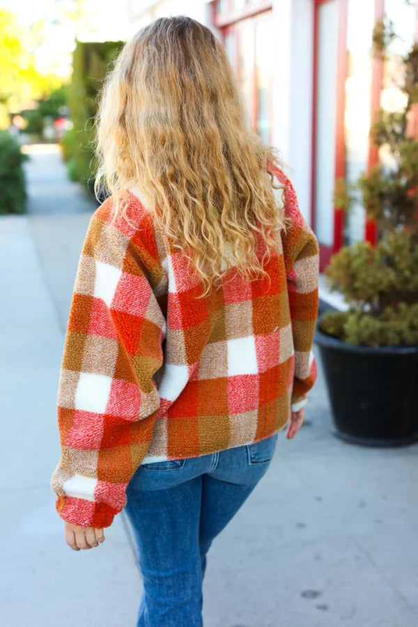 It's Your Best Rust & Camel Plaid Sherpa Button Down Jacket - Coeur de la Mode