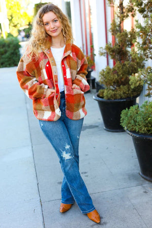 It's Your Best Rust & Camel Plaid Sherpa Button Down Jacket - Coeur de la Mode