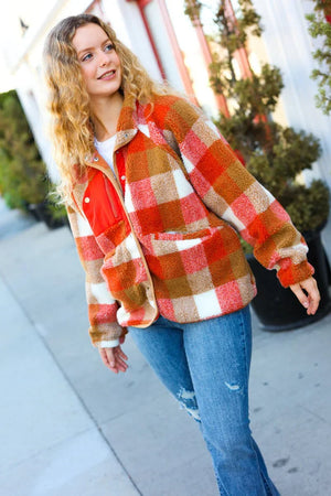 It's Your Best Rust & Camel Plaid Sherpa Button Down Jacket - Coeur de la Mode