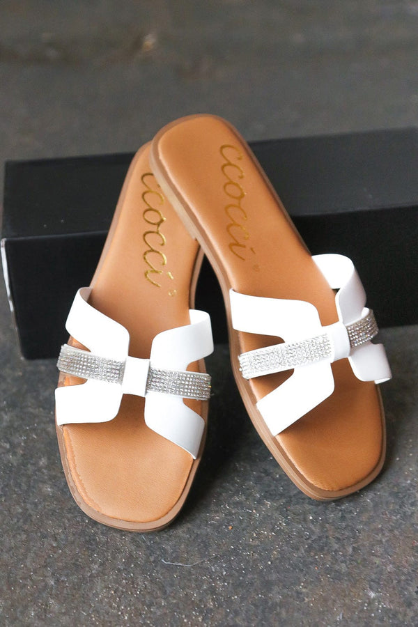 White Vegan Leather & Rhinestone Slide Sandals - Coeur de la Mode