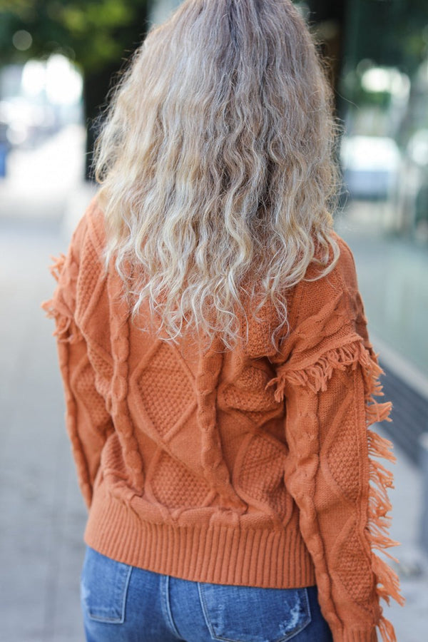 Joyful Days Rust Cable Knit Tassel Fringe Sweater - Coeur de la Mode