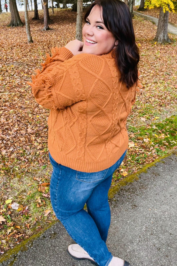 Joyful Days Rust Cable Knit Tassel Fringe Sweater - Coeur de la Mode