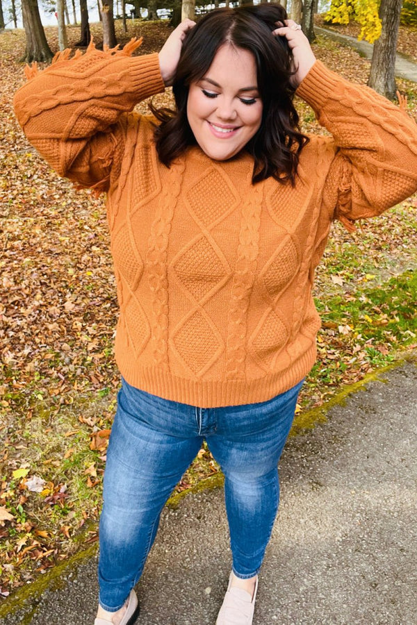 Joyful Days Rust Cable Knit Tassel Fringe Sweater - Coeur de la Mode