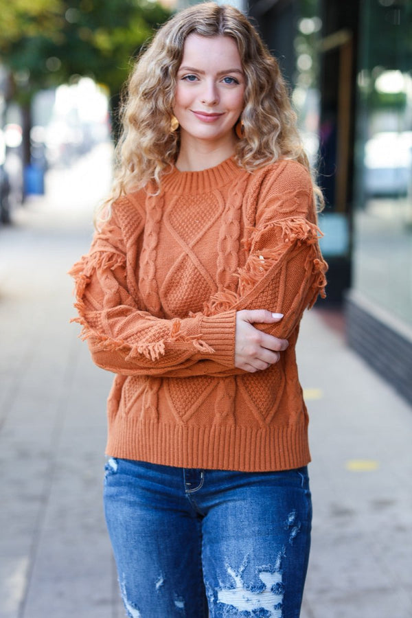 Joyful Days Rust Cable Knit Tassel Fringe Sweater - Coeur de la Mode