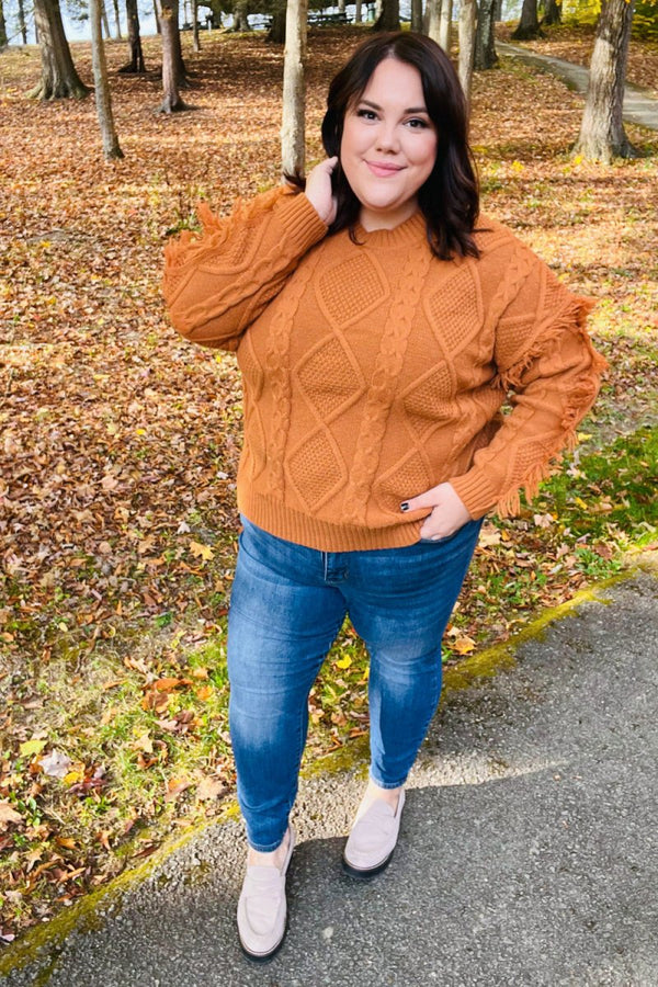 Joyful Days Rust Cable Knit Tassel Fringe Sweater - Coeur de la Mode