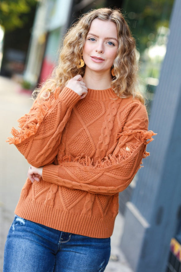 Joyful Days Rust Cable Knit Tassel Fringe Sweater - Coeur de la Mode