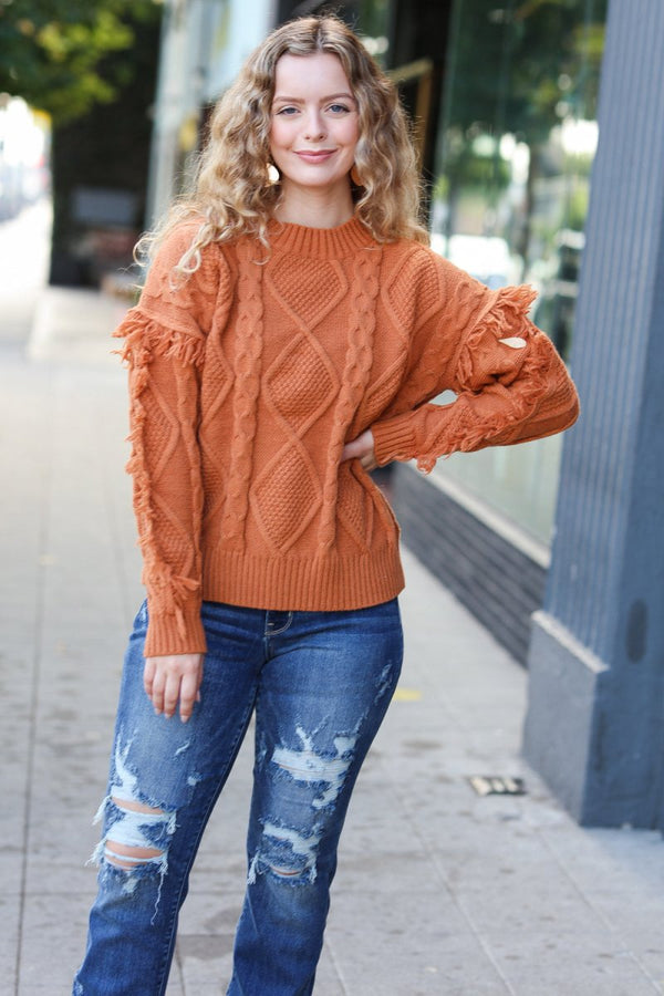 Joyful Days Rust Cable Knit Tassel Fringe Sweater - Coeur de la Mode
