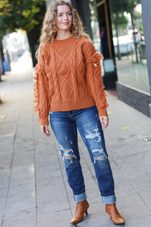 Joyful Days Rust Cable Knit Tassel Fringe Sweater - Coeur de la Mode