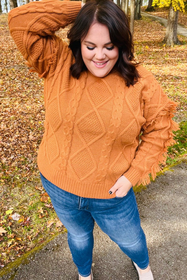 Joyful Days Rust Cable Knit Tassel Fringe Sweater - Coeur de la Mode