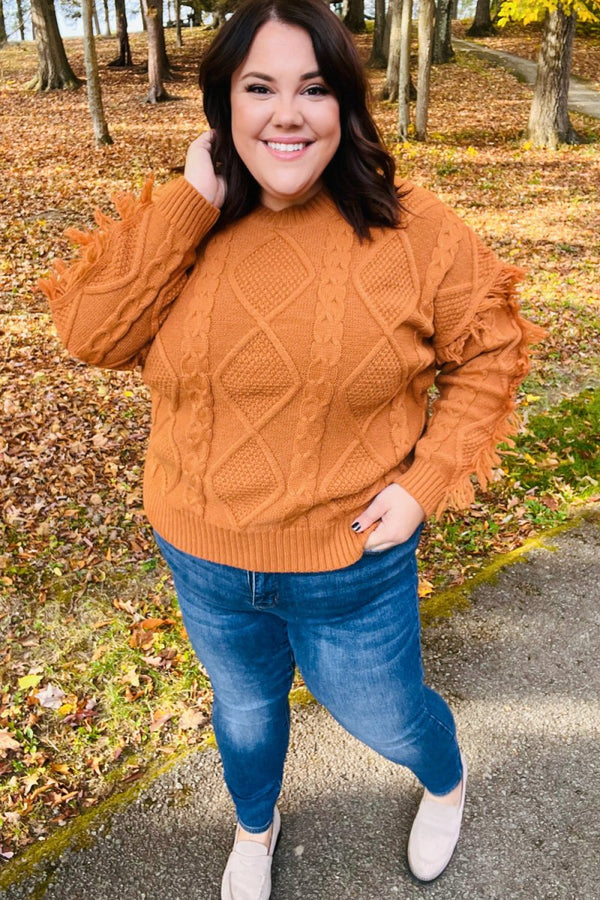 Joyful Days Rust Cable Knit Tassel Fringe Sweater - Coeur de la Mode