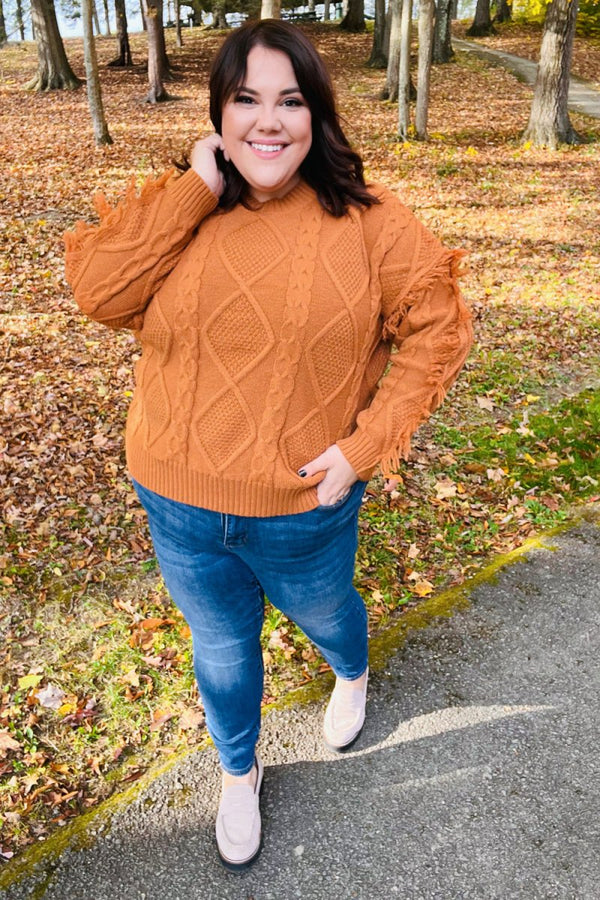 Joyful Days Rust Cable Knit Tassel Fringe Sweater - Coeur de la Mode