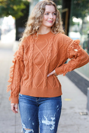 Joyful Days Rust Cable Knit Tassel Fringe Sweater - Coeur de la Mode