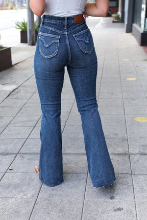 Judy Blue Dark Wash High Rise Flare Back Pocket Detail Jeans - Coeur de la Mode