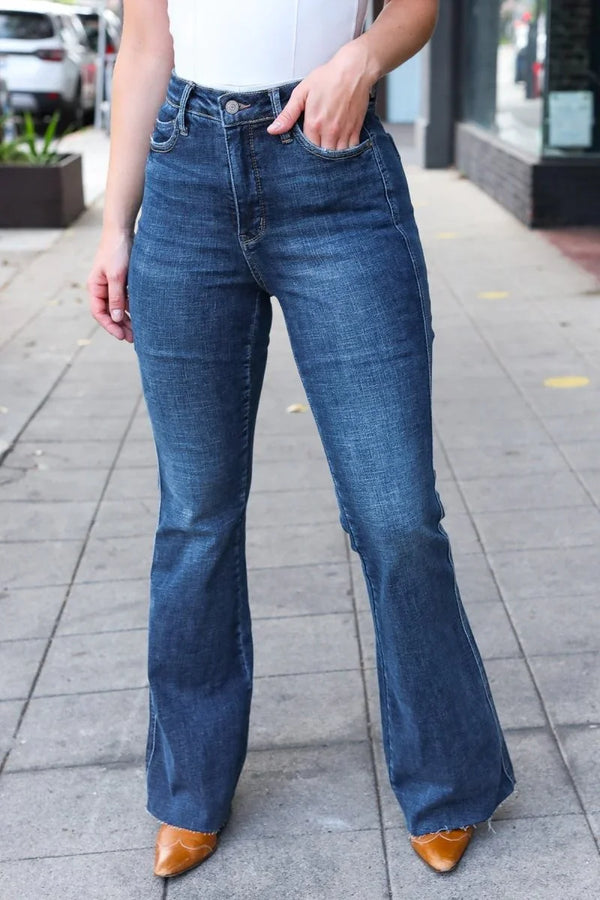 Judy Blue Dark Wash High Rise Flare Back Pocket Detail Jeans - Coeur de la Mode