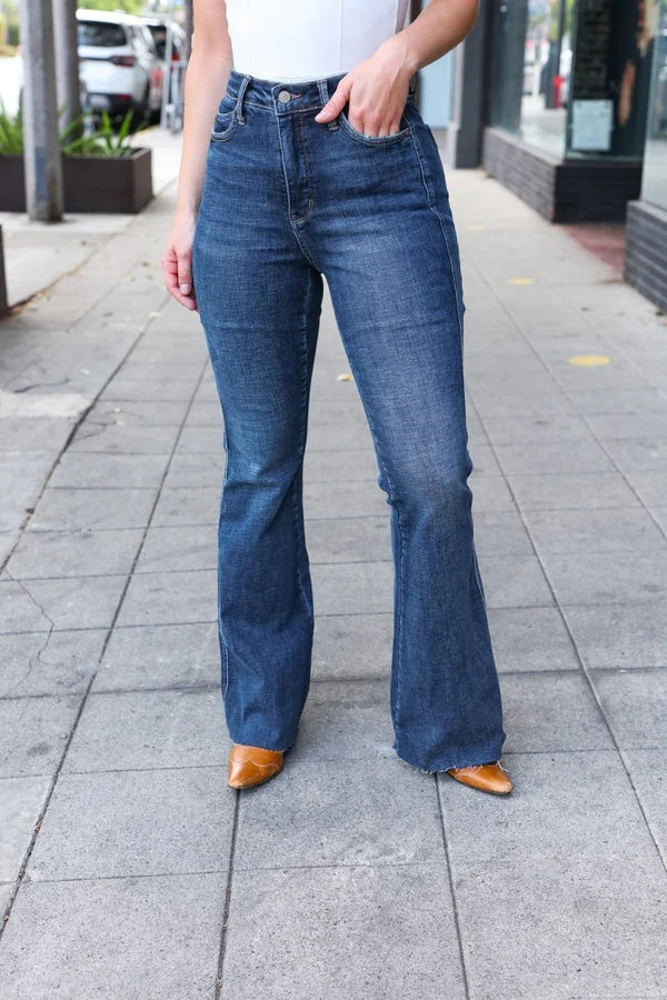 Judy Blue Dark Wash High Rise Flare Back Pocket Detail Jeans - Coeur de la Mode