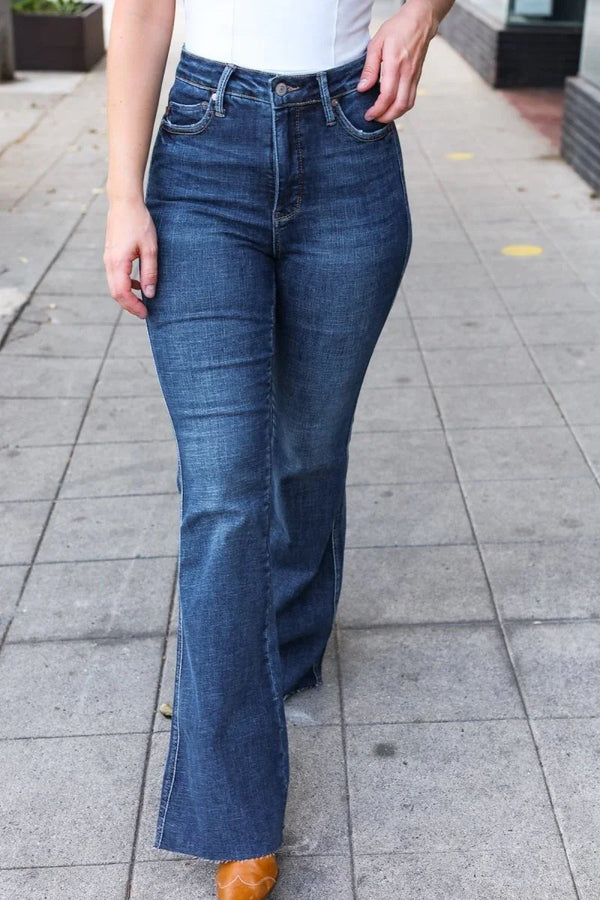 Judy Blue Dark Wash High Rise Flare Back Pocket Detail Jeans - Coeur de la Mode