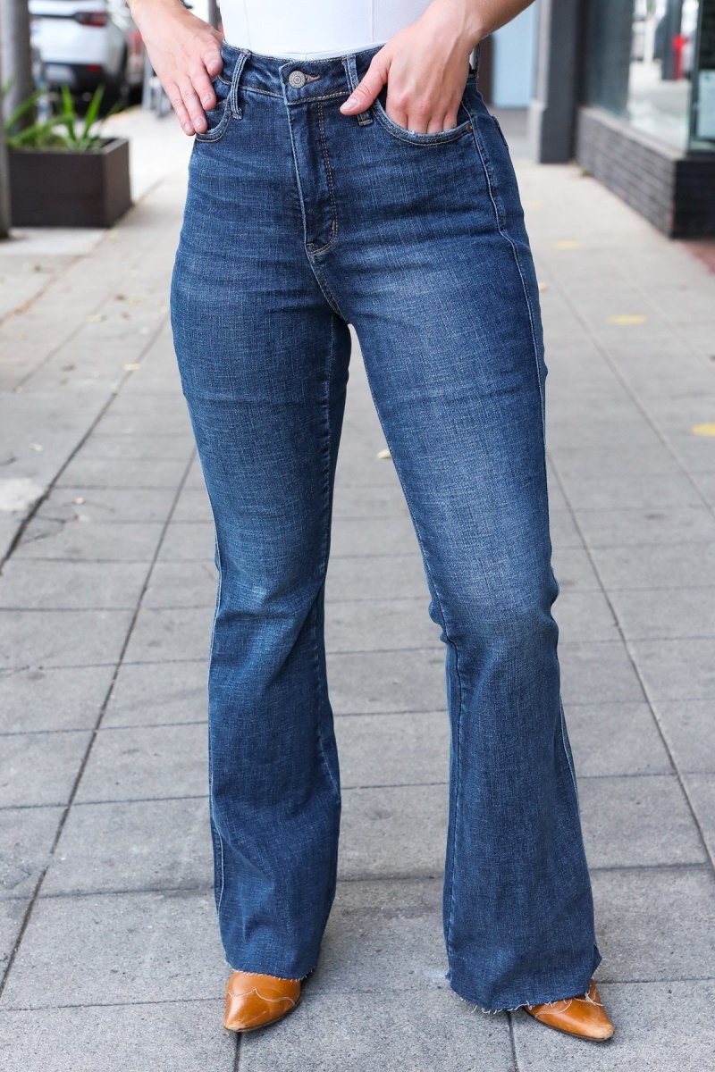 Judy Blue Dark Wash High Rise Flare Back Pocket Detail Jeans - Coeur de la Mode