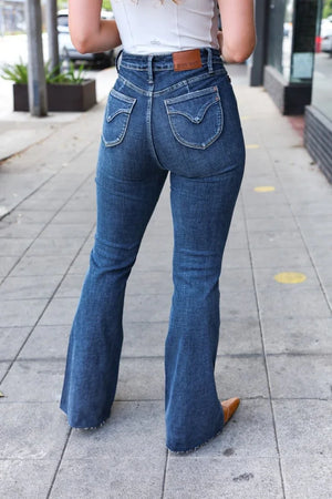 Judy Blue Dark Wash High Rise Flare Back Pocket Detail Jeans - Coeur de la Mode