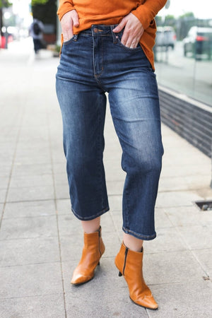 Judy Blue Dark Wash Mid Rise Cropped Wide Leg Jeans - Coeur de la Mode