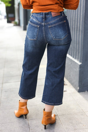 Judy Blue Dark Wash Mid Rise Cropped Wide Leg Jeans - Coeur de la Mode