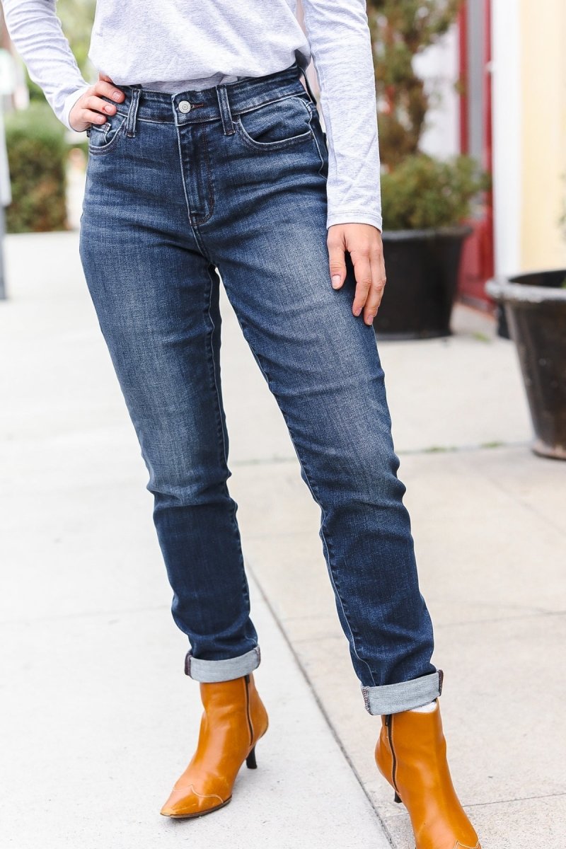 Judy Blue Dark Wash Mid Rise Cuffed Slim Fit Jeans - Coeur de la Mode