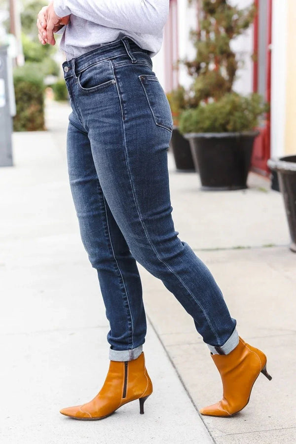 Judy Blue Dark Wash Mid Rise Cuffed Slim Fit Jeans - Coeur de la Mode
