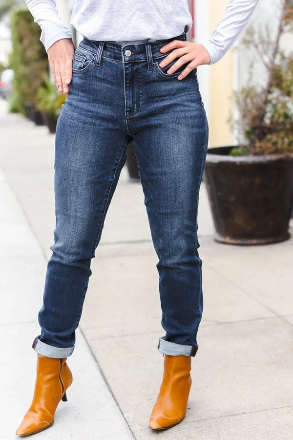 Judy Blue Dark Wash Mid Rise Cuffed Slim Fit Jeans - Coeur de la Mode