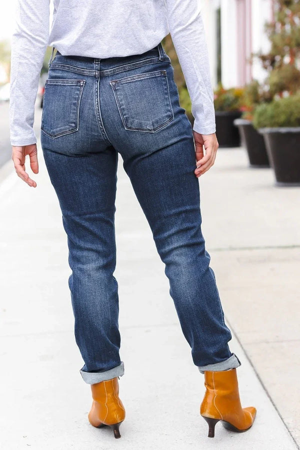Judy Blue Dark Wash Mid Rise Cuffed Slim Fit Jeans - Coeur de la Mode